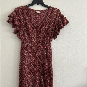 Max Studio Red Floral Midi Dress with Ruffle Sleeves